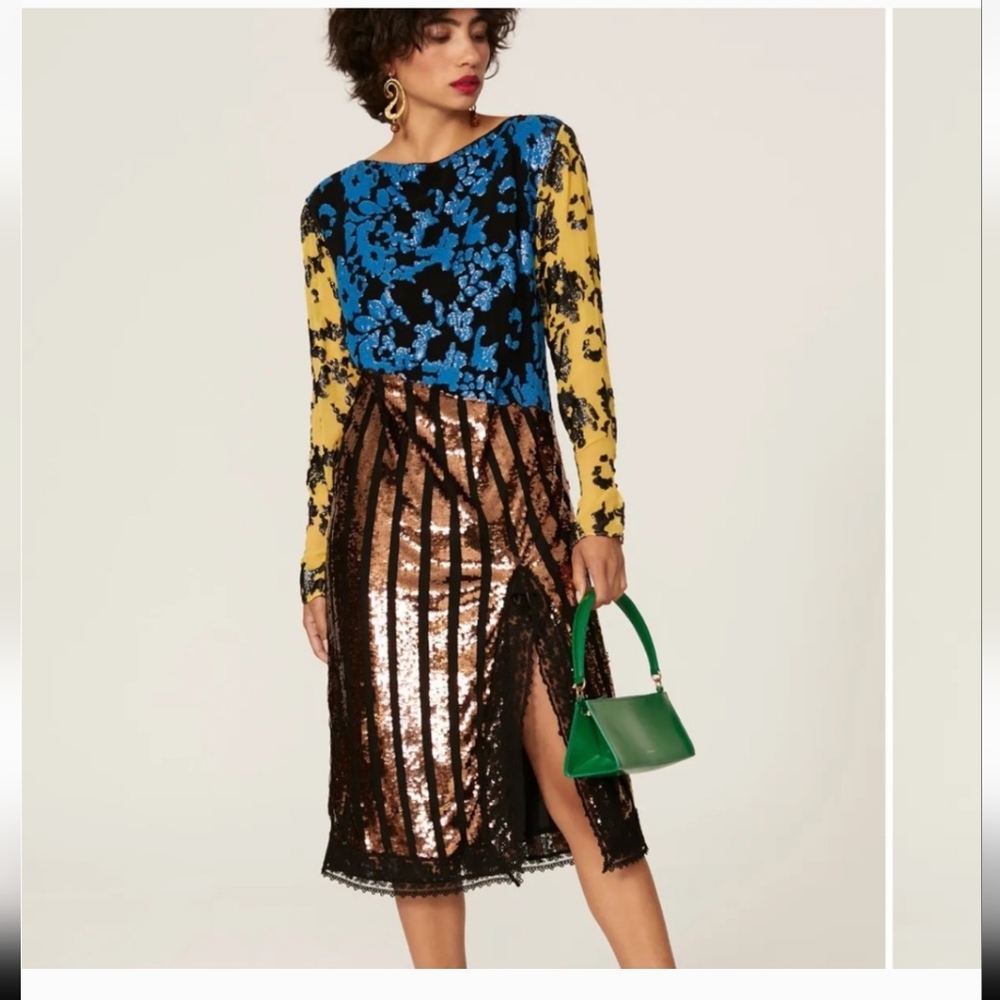 Rachel Comey Blue and Gold Floral Top with Brown Sequin Skirt